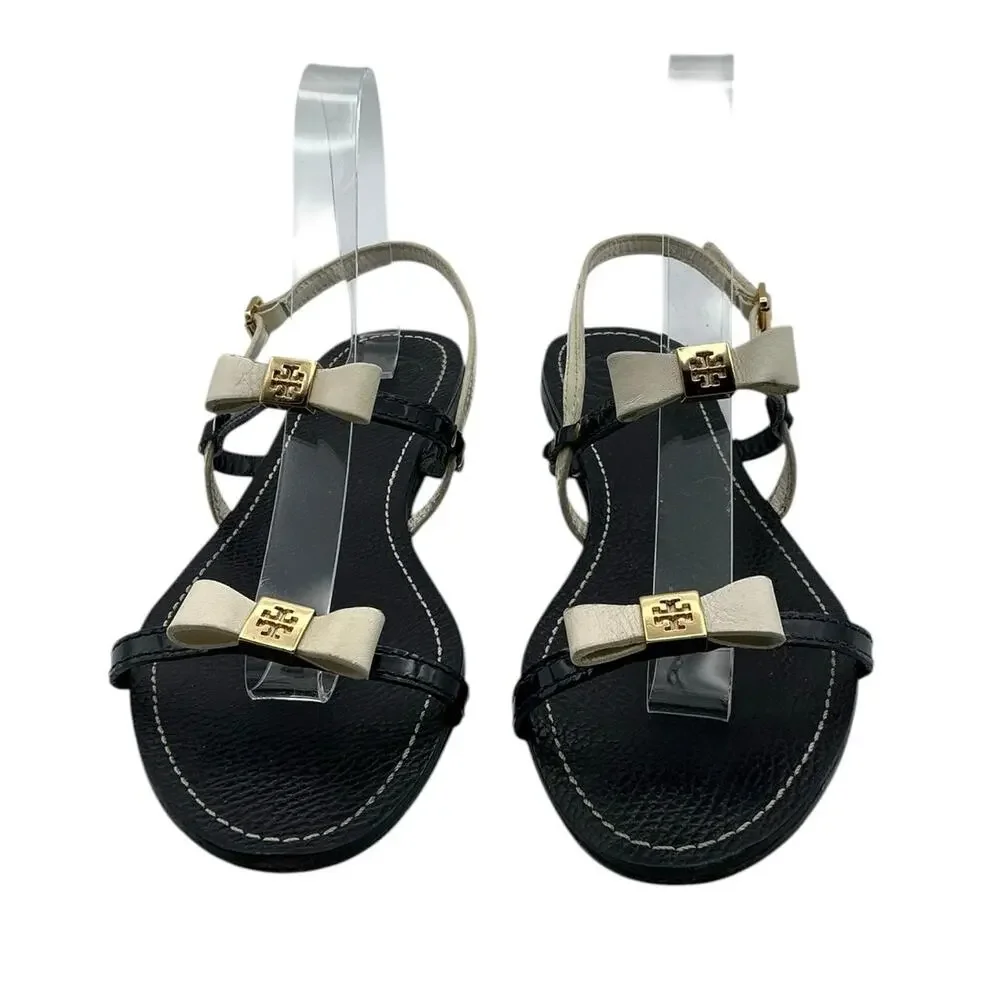 Tory Burch Kailey Bow Strappy Sandal Leather Black Cream Logo 10‎